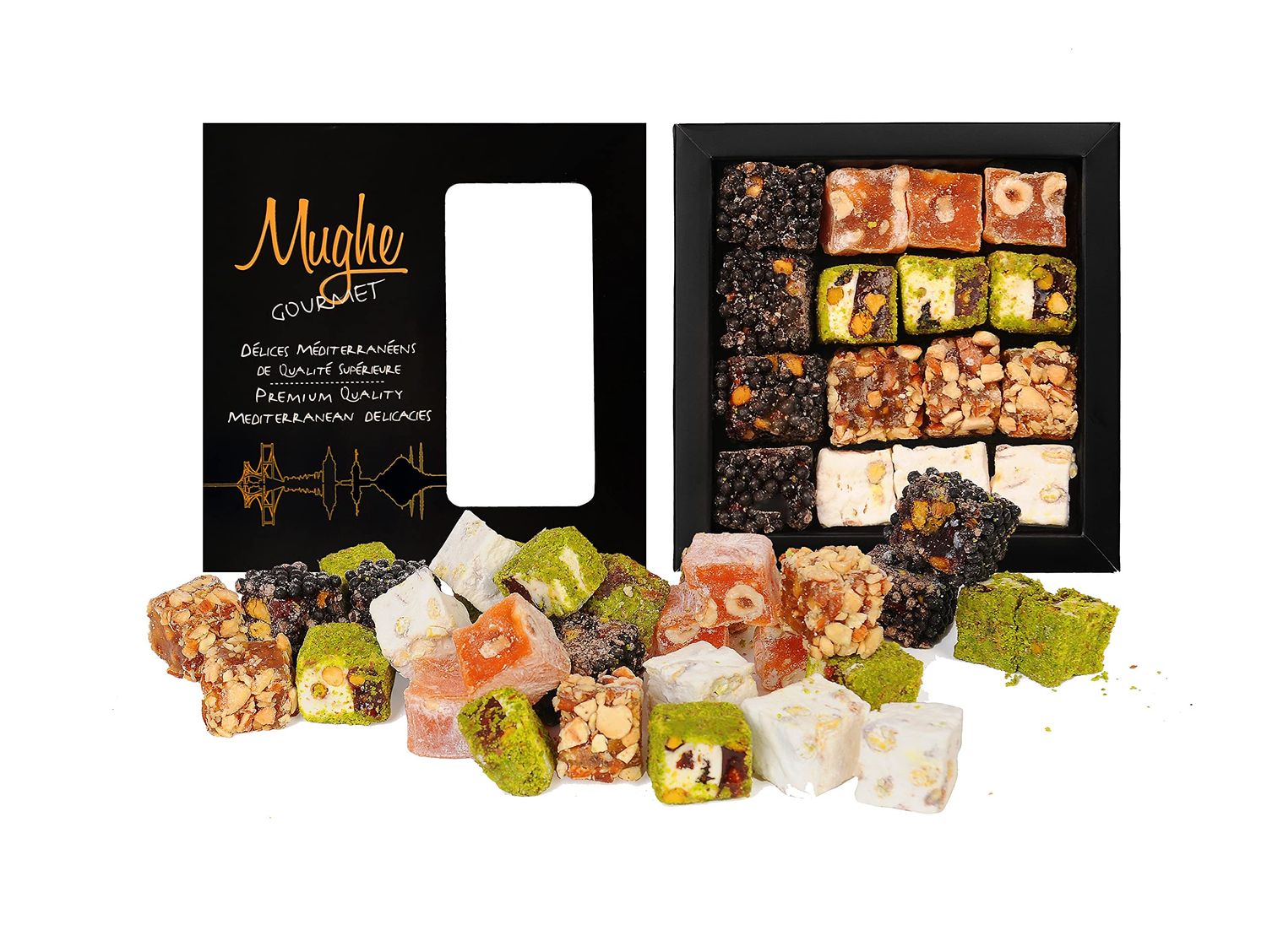 Mughe Gourmet Luxury Sultan Pistachio Turkish Delight Candy Elegant Gift Box - 12.35oz-350g-16pc - Lokum Delights Orange, Hazelnut, Almonds - Perfect Gifts for Mother's Day, Father's Day, Birthday