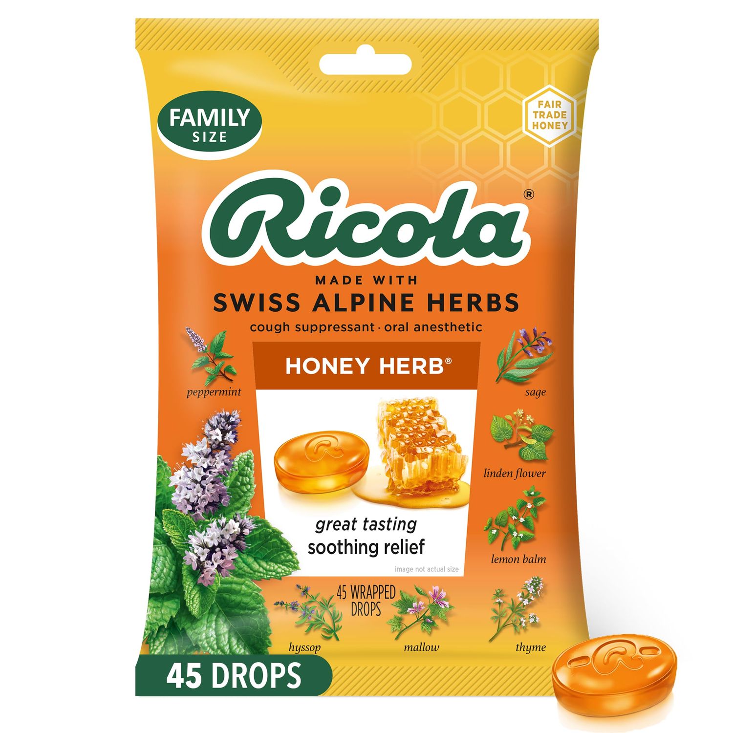 Ricola Honey Herb Cough Drops, 45 Count, Fair Trade Honey &amp; Natural Menthol Cough Suppressant &amp; Throat Relieving Drops, Great Tasting Relief for Coughs &amp; Throat Irritation Symptoms