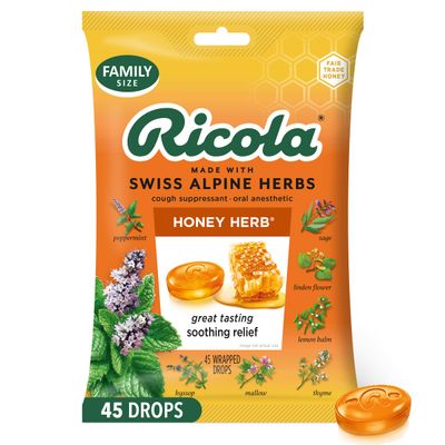 Ricola Honey Herb Cough Drops, 45 Count, Fair Trade Honey &amp; Natural Menthol Cough Suppressant &amp; Throat Relieving Drops, Great Tasting Relief for Coughs &amp; Throat Irritation Symptoms