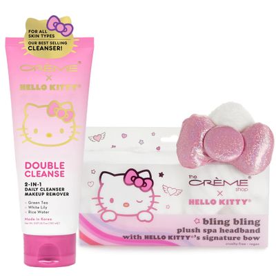 Glam Lux Beauty Bundle The Creme Shop X Hello Kitty Korean Skincare Spa Set 2 in 1 Double Cleanser Daily Cleanser &amp; Makeup Remover &amp; Bling Bling Plush Headband