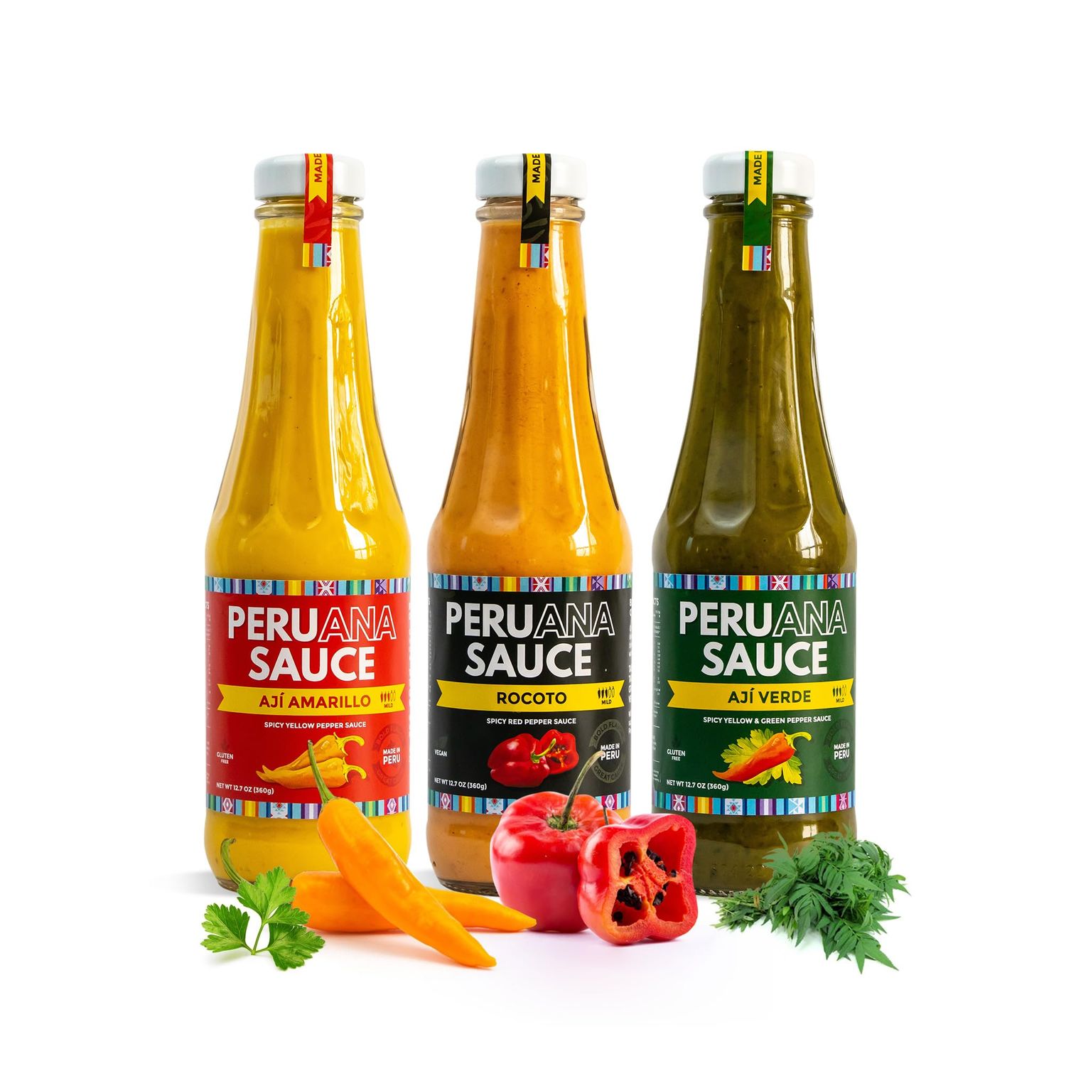 Peruana Sauce Collection - Aji Amarillo Paste Peruvian Sauce, Rocoto, Verde Green Sauce - Peruvian Hot Sauce Variety Pack - 12.7 Ounce Bottles