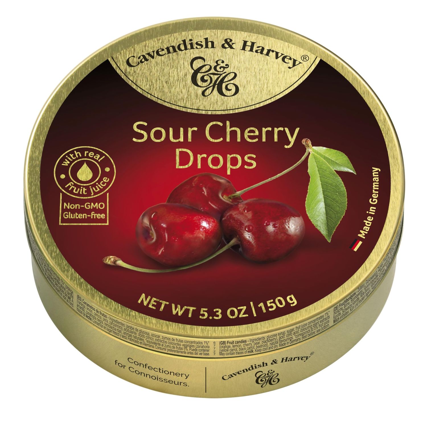 Cavendish &amp; Harvey Sour Cherry Hard Candy Drops 5.3 Ounce Tin - 12 Pack