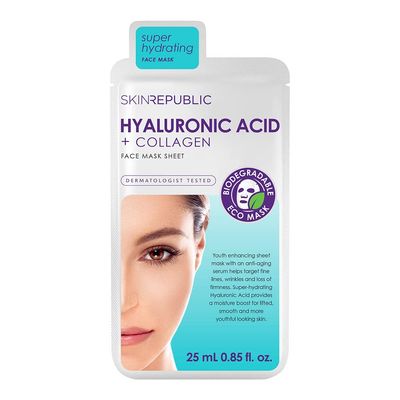 Skin Republic Hyaluronic Acid Collagen Sheet Mask. Clinically Proven to Provide 48-Hours of Long-Lasting Hydration. Made in Korea.