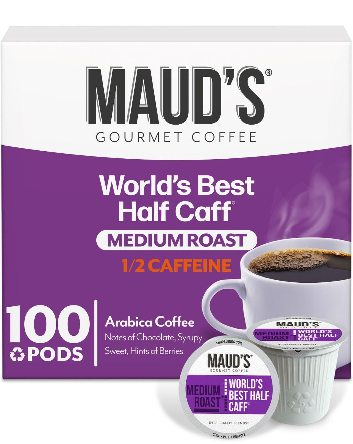 Maud&#39;s Half Caff Coffee Pods, 100 ct, Medium Roast Coffee in Recyclable Single Serve Pods - 100% Arabica Coffee, Compatible with Keurig K Cups Maker