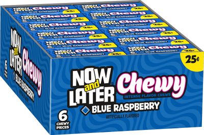 Now &amp; Later Soft Taffy Chews Candy, Blue Raspberry, 0.93 Ounce Bar, Pack of 24