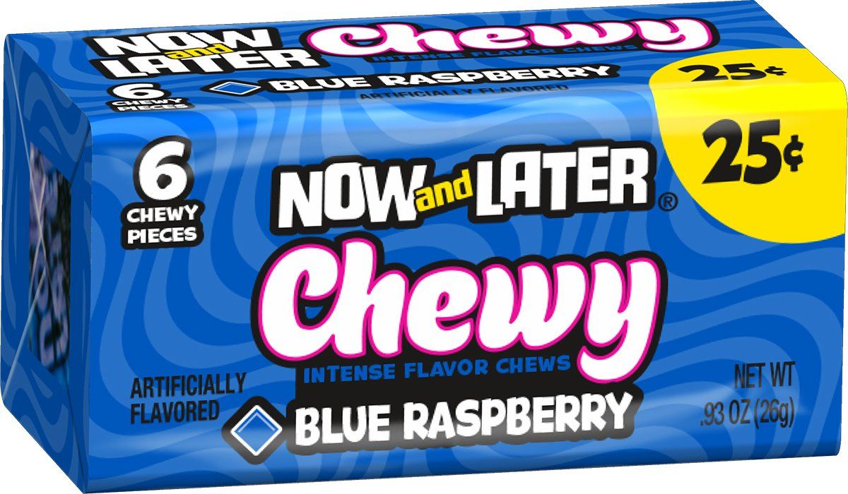 Now &amp; Later Soft Taffy Chews Candy, Blue Raspberry, 0.93 Ounce Bar, Pack of 24