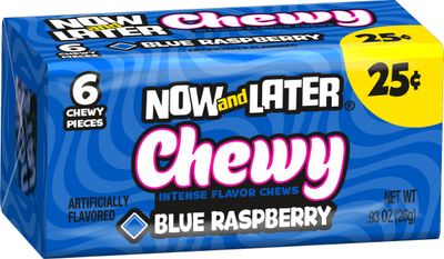 Now &amp; Later Soft Taffy Chews Candy, Blue Raspberry, 0.93 Ounce Bar, Pack of 24