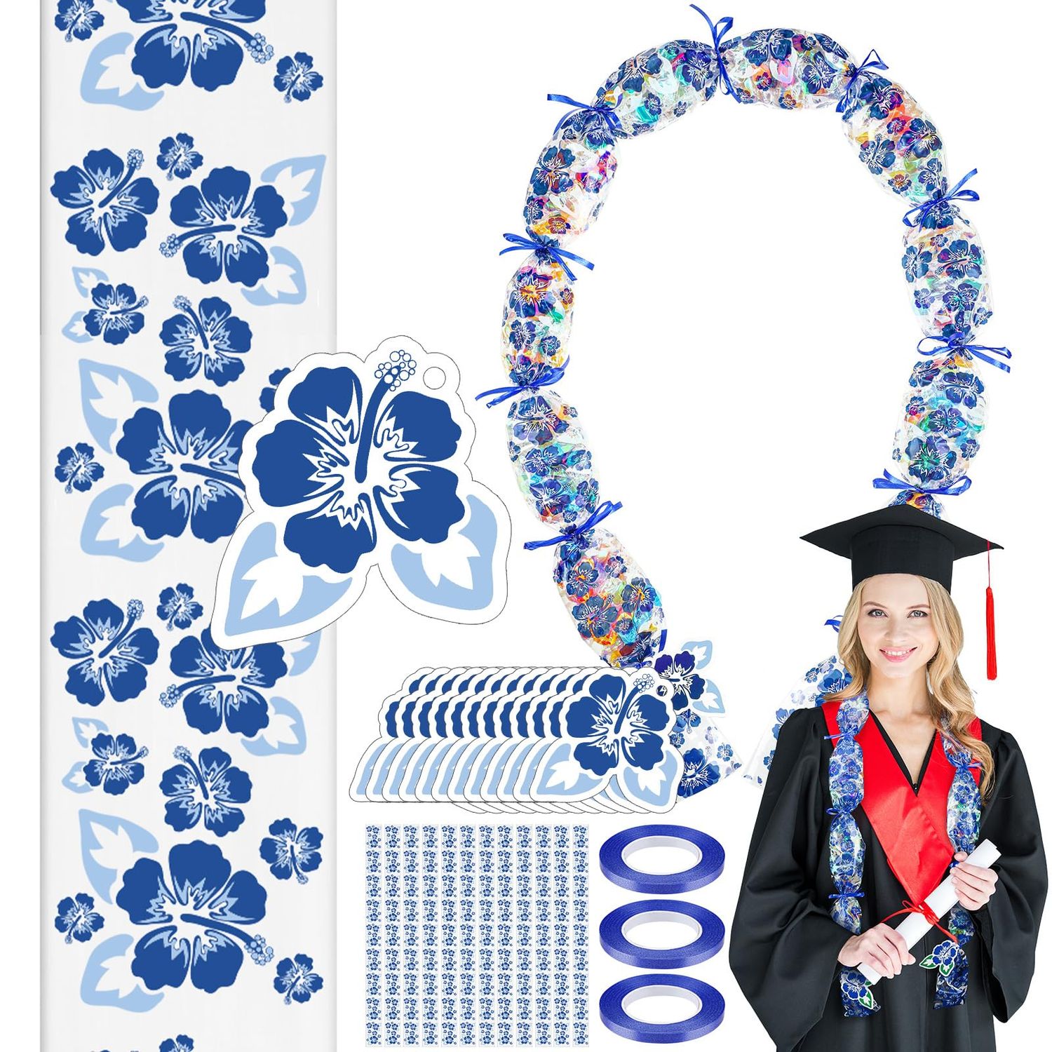 Kisston Graduation Candy Lei Making Kit Includes 12 Pcs Candy Lei Tubing, 3 Rolls Ribbon, 24 Pcs Cards for Class of 2025 Hawaiian Congrats Grad Graduate Gifts(Blue,Hibiscus)