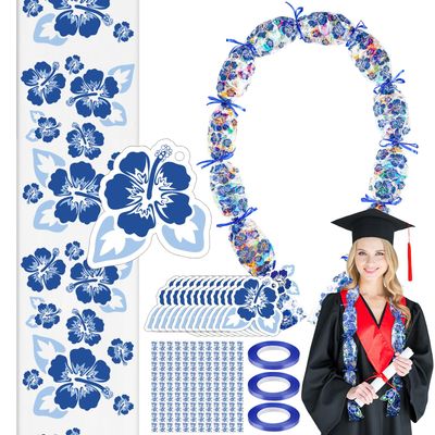 Kisston Graduation Candy Lei Making Kit Includes 12 Pcs Candy Lei Tubing, 3 Rolls Ribbon, 24 Pcs Cards for Class of 2025 Hawaiian Congrats Grad Graduate Gifts(Blue,Hibiscus)