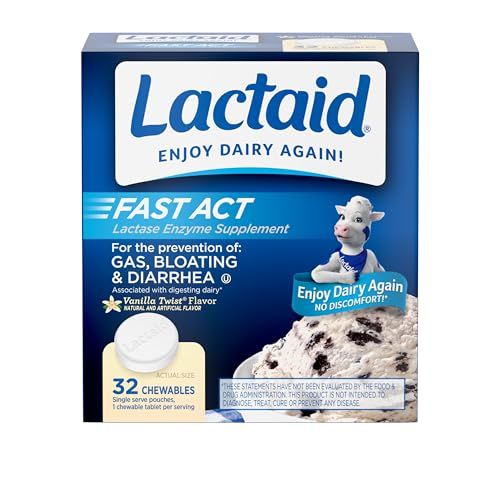 Lactaid Fast Act Lactose Intolerance Relief Chewables with Natural Lactase Enzyme to Prevent Gas, Bloating &amp; Diarrhea Due to Lactose Sensitivity, On-The-Go, Vanilla Twist Flavor, 32 x 1 ct