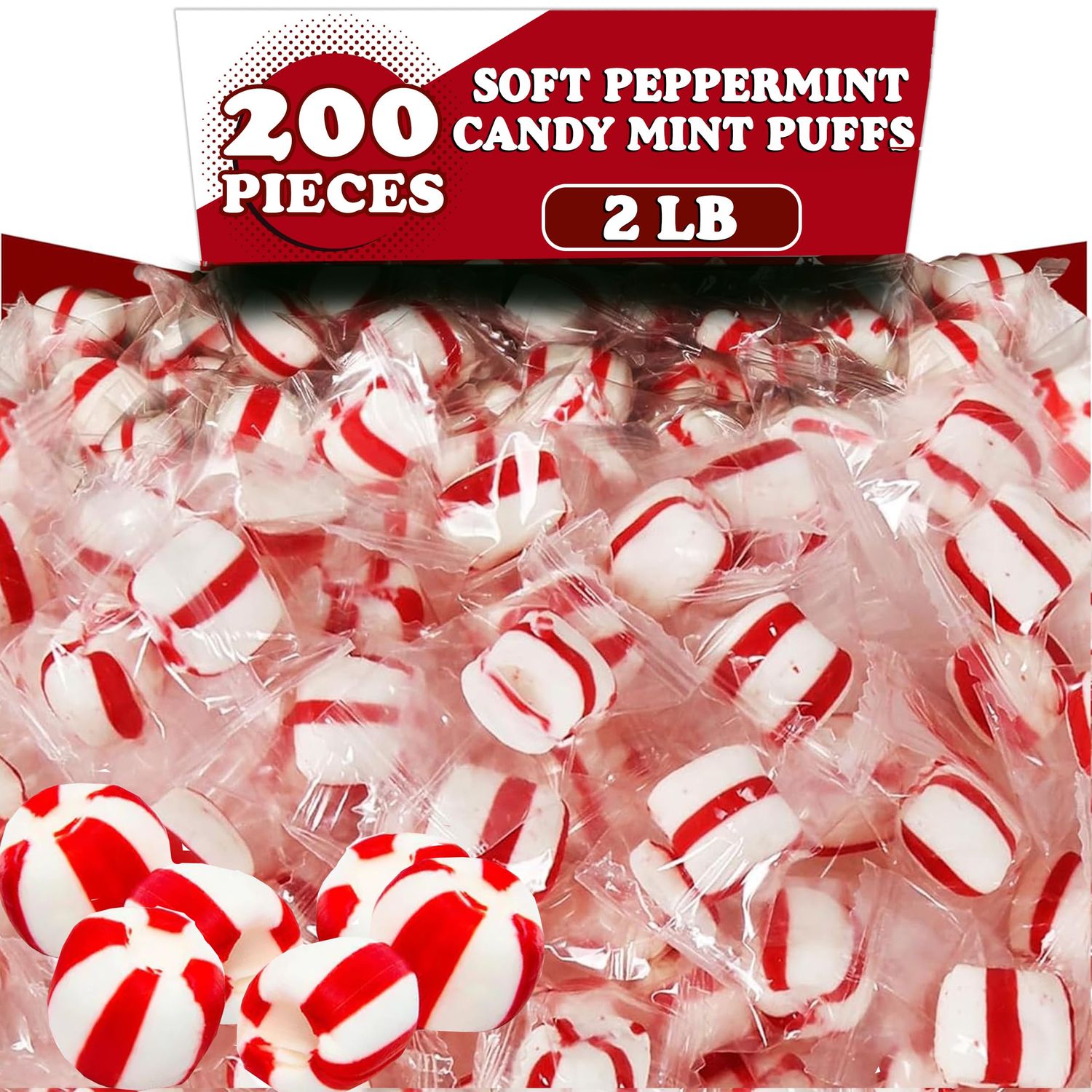 Soft Peppermint Candy Balls, 200 Pieces of Classic Christmas Candy Bulk, Stocking Stuffer, Individually Wrapped Red and White Striped Peppermint Puffs