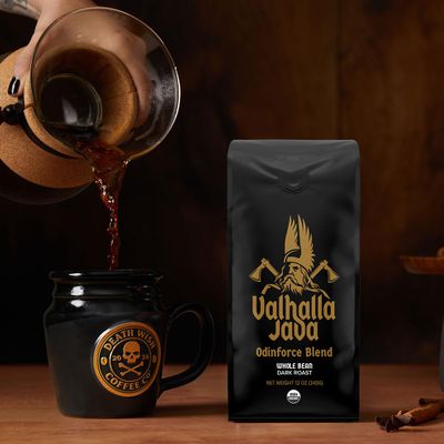 Death Wish Coffee, Valhalla Java Odinforce Blend - Whole Bean Dark Roast - Extra Kick of Caffeine - Arabica &amp; Robusta Coffee Beans - 12 Ounce (Pack of 1)