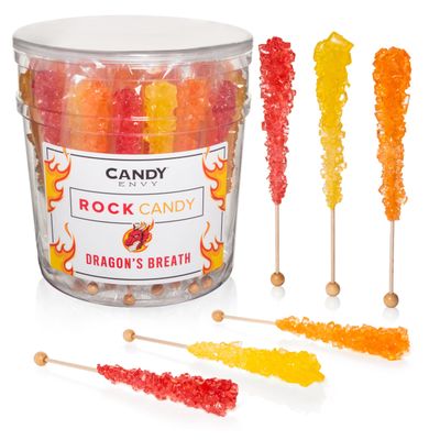 Candy Envy - Dragon&#39;s Breath Rock Candy Sugar Sticks - 36 Indiv. Wrapped - Red, Orange, Yellow