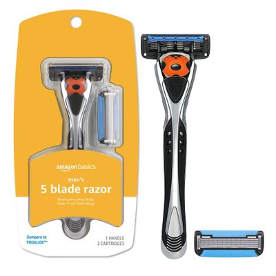 Amazon Basics 5-Blade MotionSphere Razor for Men with Dual Lubrication and Precision Beard Trimmer, Handle &amp; 2 Cartridges (Cartridges fit Amazon Basics Razor Handles only) (Previously Solimo)
