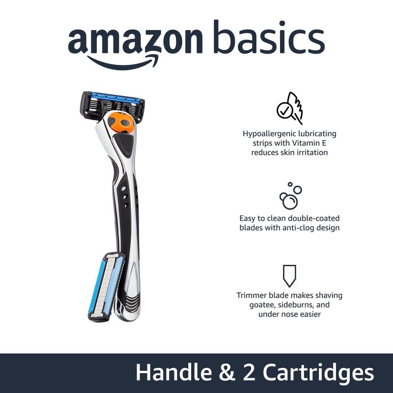 Amazon Basics 5-Blade MotionSphere Razor for Men with Dual Lubrication and Precision Beard Trimmer, Handle &amp; 2 Cartridges (Cartridges fit Amazon Basics Razor Handles only) (Previously Solimo)