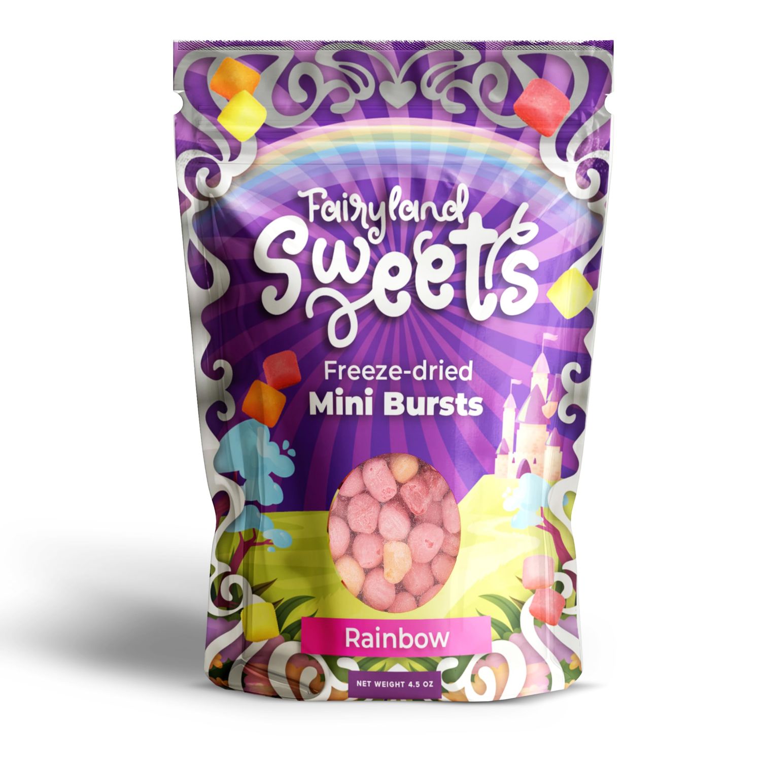 Fairyland Sweets Freeze Dried Candy Mini Bursts Rainbow - Fun, Crunchy flavored Mini Bursts skittles - Freeze Dried Candy - 4.5 oz Resealable Bag