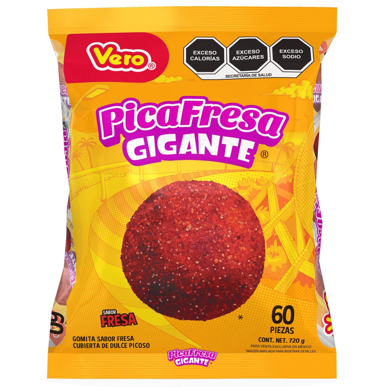 Vero Pica Fresa Chili Strawberry Flavor Gummy Giant Mexican Candy 60 Pieces 720g Mexican Candy with Free Chocolate Kinder Bar Authentic