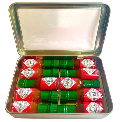 Miniature Tabasco Gift Tin. Ten 1/8 Ounce Mini Bottles of Original Tabasco Pepper Sauce in a Hinged Tin with a Clear See Through Top.