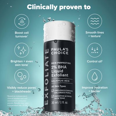 Paula's Choice Skin Perfecting 2% BHA Liquid Salicylic Acid Exfoliant, Gentle Facial Exfoliator for Blackheads, Large Pores, Wrinkles &amp; Fine Lines, Travel Size, 1 Fluid Ounce