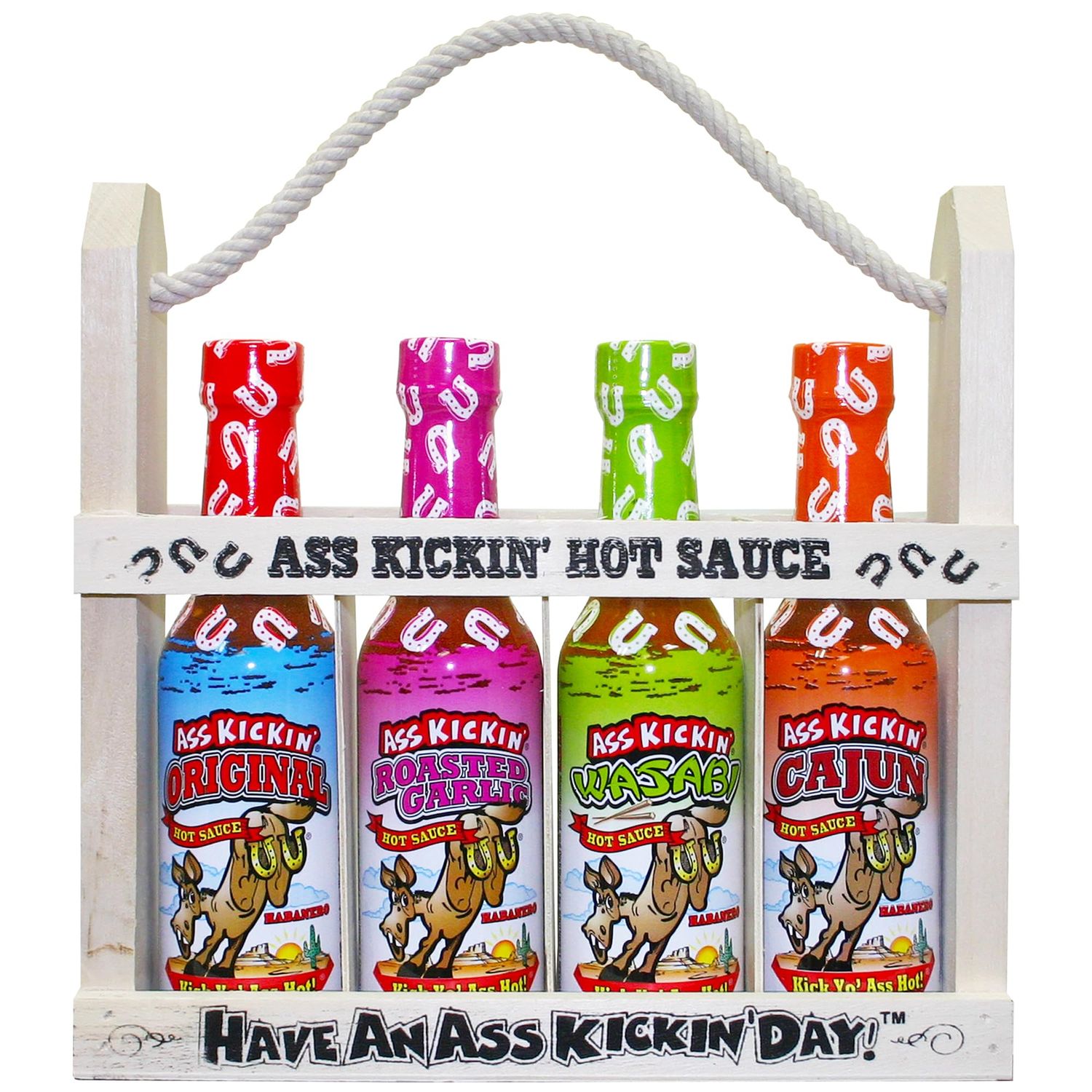 ASS KICKIN&#39; Premium Hot Sauce Bottles Gourmet Gift Set with Wooden Bottle Holder - 5 oz. 4 Pack - Try if you dare! - Perfect Gourmet Christmas Gifts and Stocking Stuffers for the Hot Sauce Fan