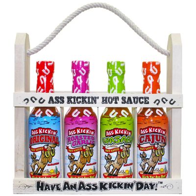 ASS KICKIN&#39; Premium Hot Sauce Bottles Gourmet Gift Set with Wooden Bottle Holder - 5 oz. 4 Pack - Try if you dare! - Perfect Gourmet Christmas Gifts and Stocking Stuffers for the Hot Sauce Fan