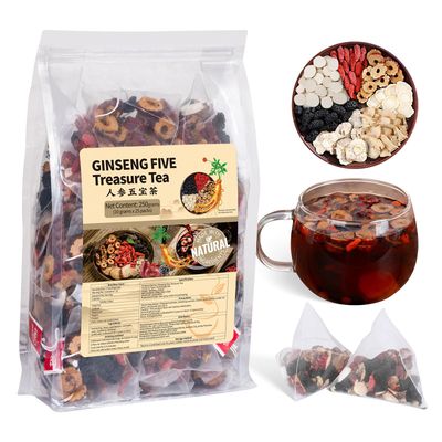 Ginseng Five Treasures Tea Kidney Tea, Traditional Chinese Herbal Tea, Natural Organic Kidney Cleanse Detox Tea for Women &amp; Men, 7 Precious Ingredients Formula(1 Pack/25 Bags)