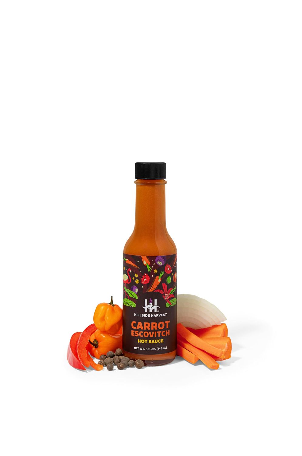 Hillside Harvest - Carrot Escovitch Hot Sauce, Gourmet, Handcrafted, Carrots, Onion, Peppers, Lime, Medium to Hot Heat Level, 5 oz. Bottle (Carrot Escovitch, 5 Fl Oz (Pack of 1)