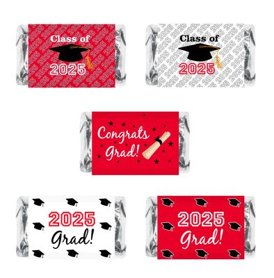 60 New Graduation Cap Party Class of 2025 Miniatures Candy Bar Wrapper, Mini Candy Chocolate Bar Stickers, Labels, Candy Not Included, Color Red. Made in USA