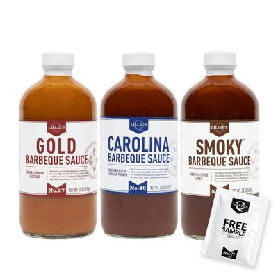 Lillies Q - Barbeque Sauce Variety Pack, Gourmet BBQ Sauce Set, Made with Gluten-Free Ingredients, Includes Carolina BBQ Sauce (20 oz), Gold BBQ Sauce (19 oz) &amp; Smoky BBQ Sauce (20 oz) 3-Pack