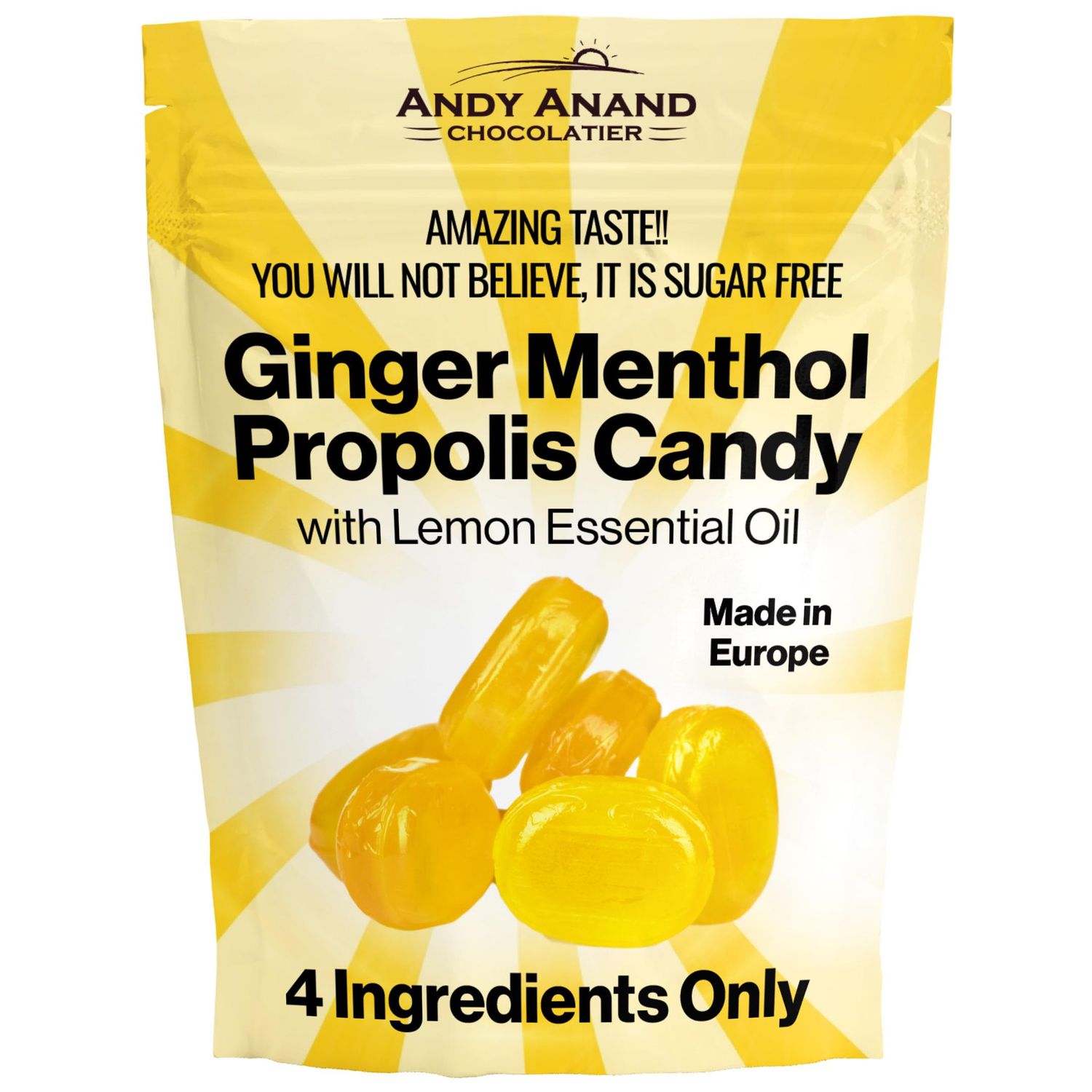 Andy Anand 60pc Sugar Free Ginger Menthol Propolis Candy with Lemon Essential Oil, 4 ingredients Providing Long Lasting Relief. Keto &amp; Diabetic-Friendly, Gluten Free, Vegan, Made in Europe (7 Oz)
