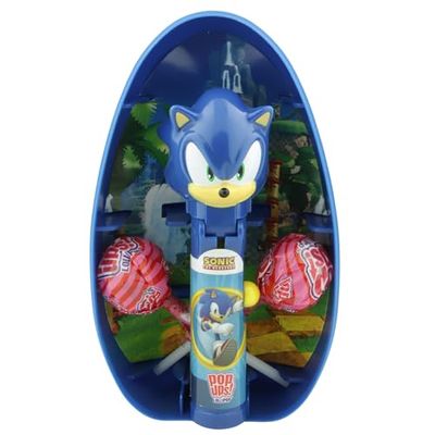 Imaginings 3 Sonic the Hedgehog Jumbo Easter Egg with Pop Up Lollipop Dispenser, Refillable Candy Holder, Basket Filler, 2 Suckers Included