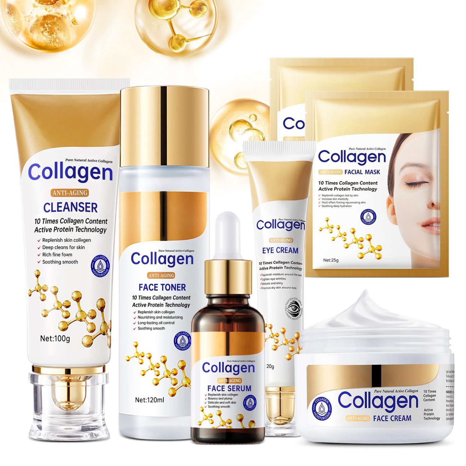 Collagen Skin Care Set, Anti Aging Skincare Set for Wrinkles &amp; Fine Lines, Shrink Pores, Hydrate &amp; Firm Skin, 7 Pcs Skincare Kits for Women with Cleanser, Toner, Serum, Cream, Eye Cream, 2 Pcs Masks.