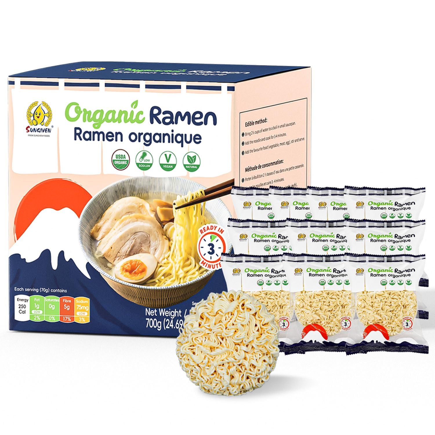 SUNGIVEN Organic Ramen Noodles, Healthy Low Sodium, Ready in 3 Minutes, Non-Fried Instant, No Additives or Preservatives, 2.46 OZ (Pack of 10) 24.69 Oz