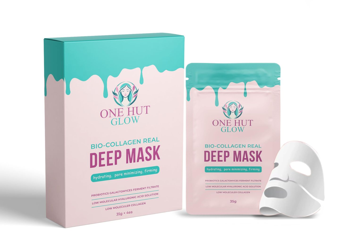 ONEHUTGLOW Bio-Collagen Real Deep Mask Hydrating Overnight Hydrogel Facial Masks Korean Skin Care Products, 35g x 4ea