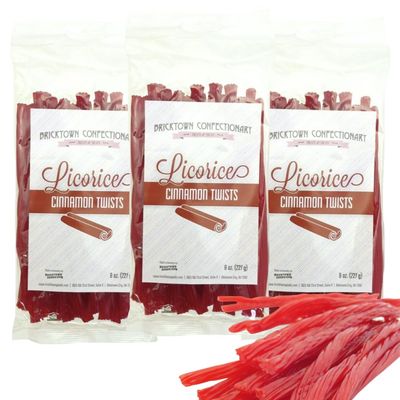 Cinnamon Licorice Twists Pack of 3 - Spicy Fat-Free Old Fashioned Gourmet Red Hots Cinnamon Candy in Bulk - Soft &amp; Chewy Texture with Bold Fresh Flavor - Easter Candy - (Total 24oz)