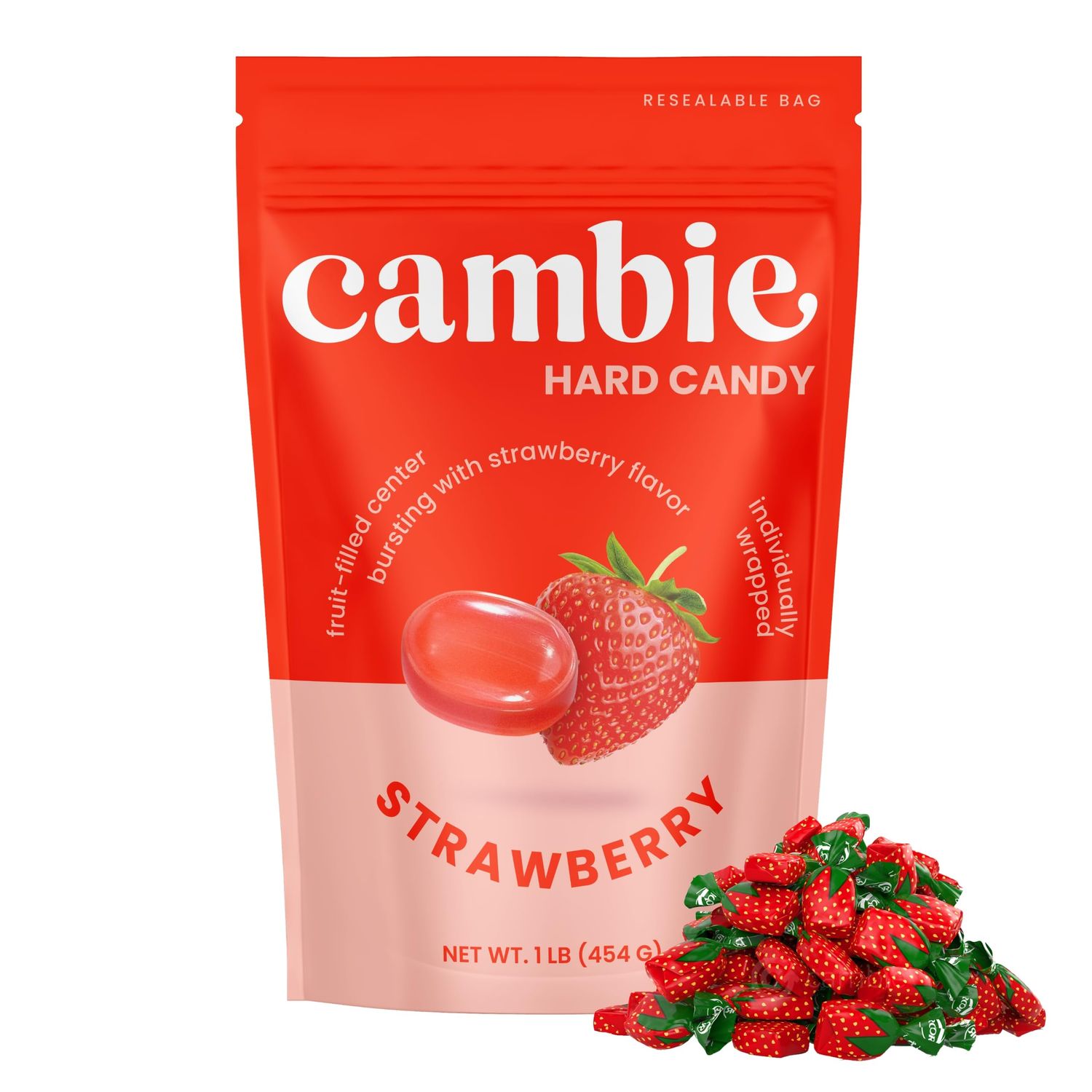Strawberry Bon Bons by Cambie, Strawberry Candy with a Fruit Filled Center, Old Fashioned Candy, Hard Candy Individually Wrapped in a Resealable Pouch, 1 lb