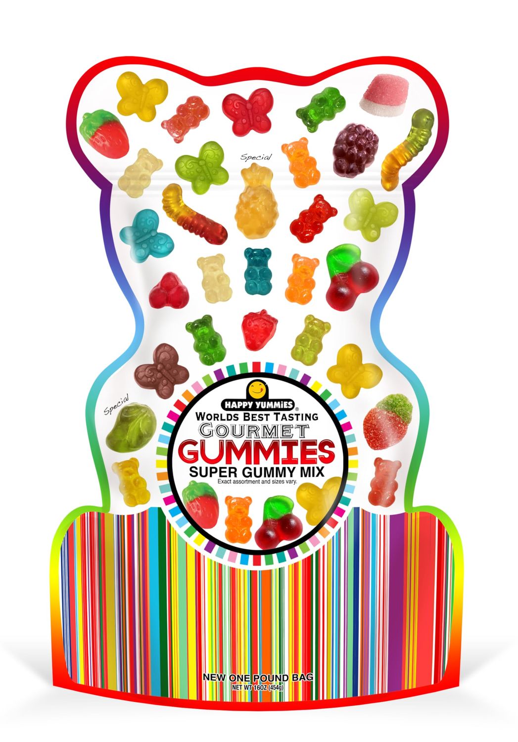 BULK 4 PACK Happy Yummies Worlds Best Tasting Gourmet Gummies Fruit Mix Assortment Gummy Candies 16oz (4 Pack 16oz Fruit Asst)
