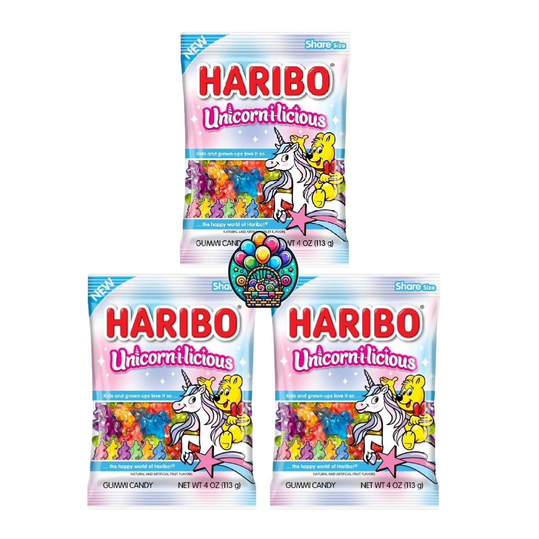 Unicorn-I-licious Gummy Candy - 4oz. (Pack of 3) Share Size Peg Bags for Halloween, Christmas and more in a NikAn Supplies Bag