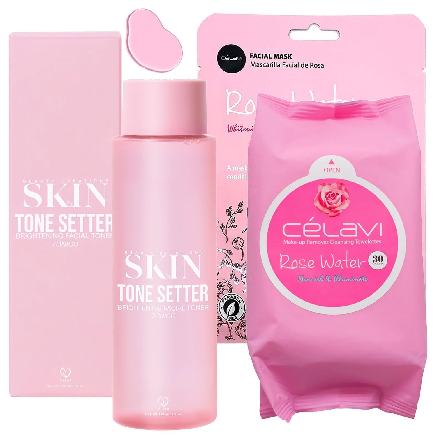 Glam Lux Skin Bundle Beauty Creations Hydrating Skin Clearing, Winkles Skin Tone Setter Brightening Facial Toner Korean, 1 pc Celavi Face Sheet Korean Mask, 1 pc Celavi Makeup Remover Towelettes