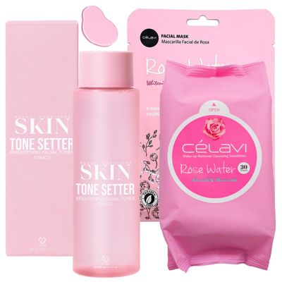 Glam Lux Skin Bundle Beauty Creations Hydrating Skin Clearing, Winkles Skin Tone Setter Brightening Facial Toner Korean, 1 pc Celavi Face Sheet Korean Mask, 1 pc Celavi Makeup Remover Towelettes