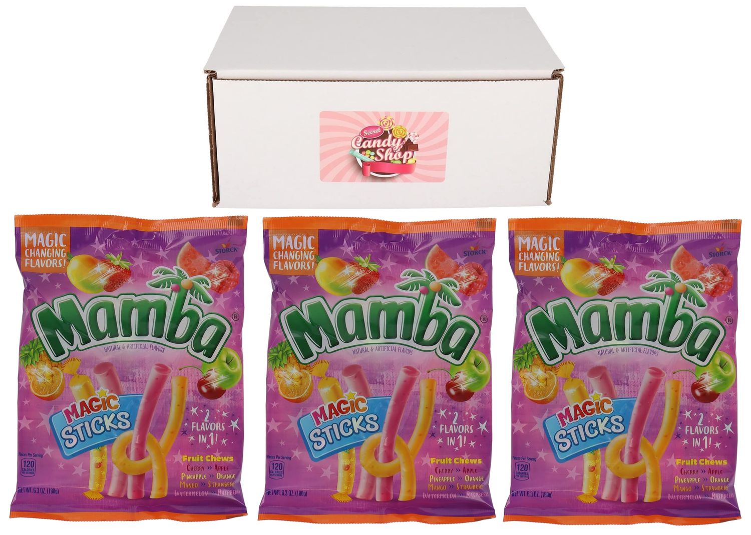 SECRET CANDY SHOP Mamba Fruit Chews Magic Sticks Candy 4 Flavors Combos in Bag (Pack of 3)