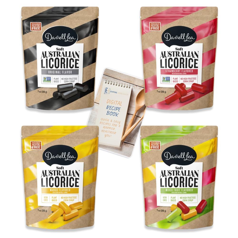 Darrell Lea Soft Australian Licorice Variety Pack of 4, 1 of each (Original Black, Strawberry, Mixed Fruit, Mango) 28 oz total, Vegan, Non-GMO, Palm Oil Free, No Preservatives &amp; Artificial Flavors