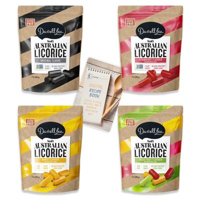 Darrell Lea Soft Australian Licorice Variety Pack of 4, 1 of each (Original Black, Strawberry, Mixed Fruit, Mango) 28 oz total, Vegan, Non-GMO, Palm Oil Free, No Preservatives &amp; Artificial Flavors