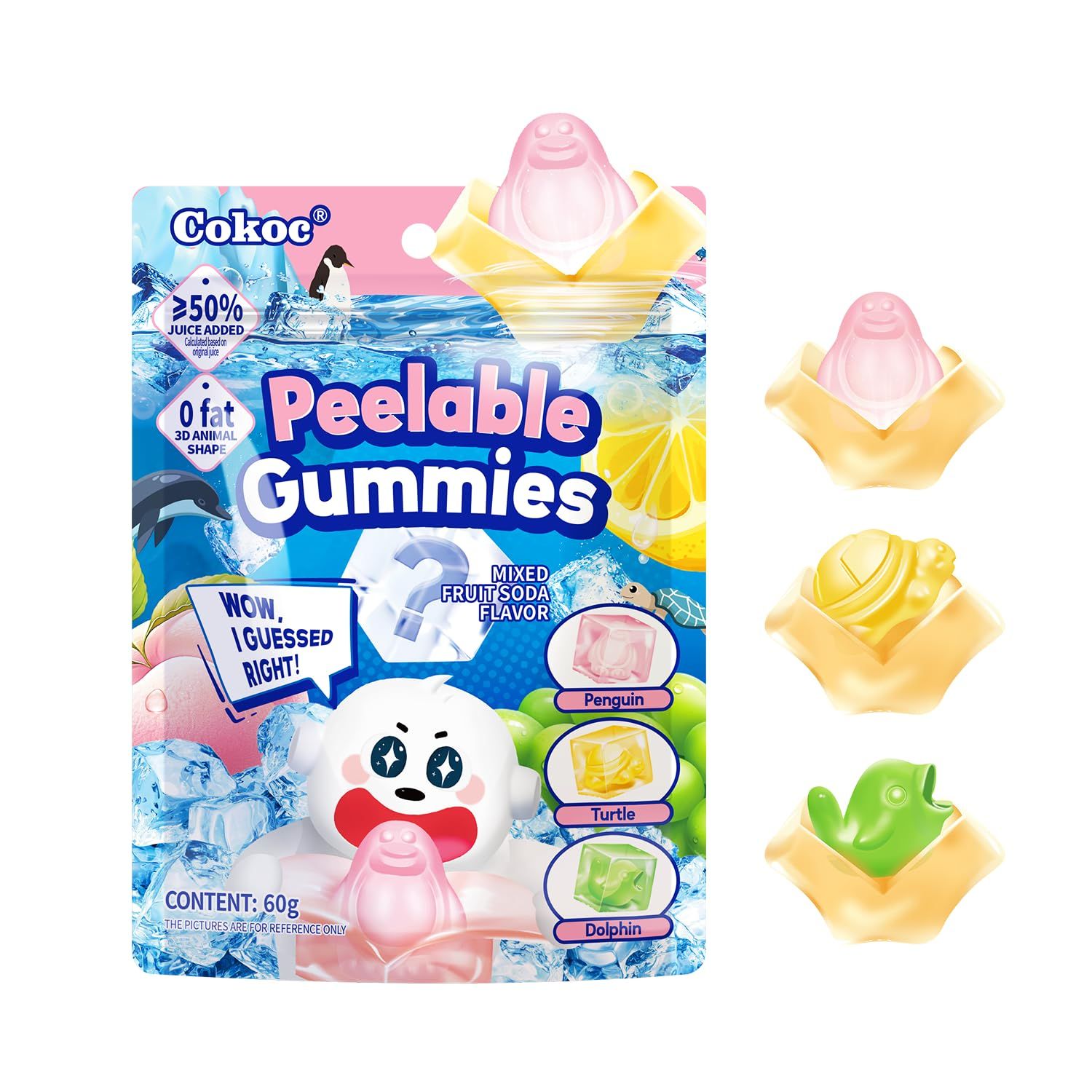 COKOC Mix Fruity Peelable Gummies Candy Flavored, 4D Animal Peelable Fruit Snacks, Mango,Apple and Strawberry Flavor- Individual Packaging 2.12oz Bag Creative Gummy Gift (Pack of 3)