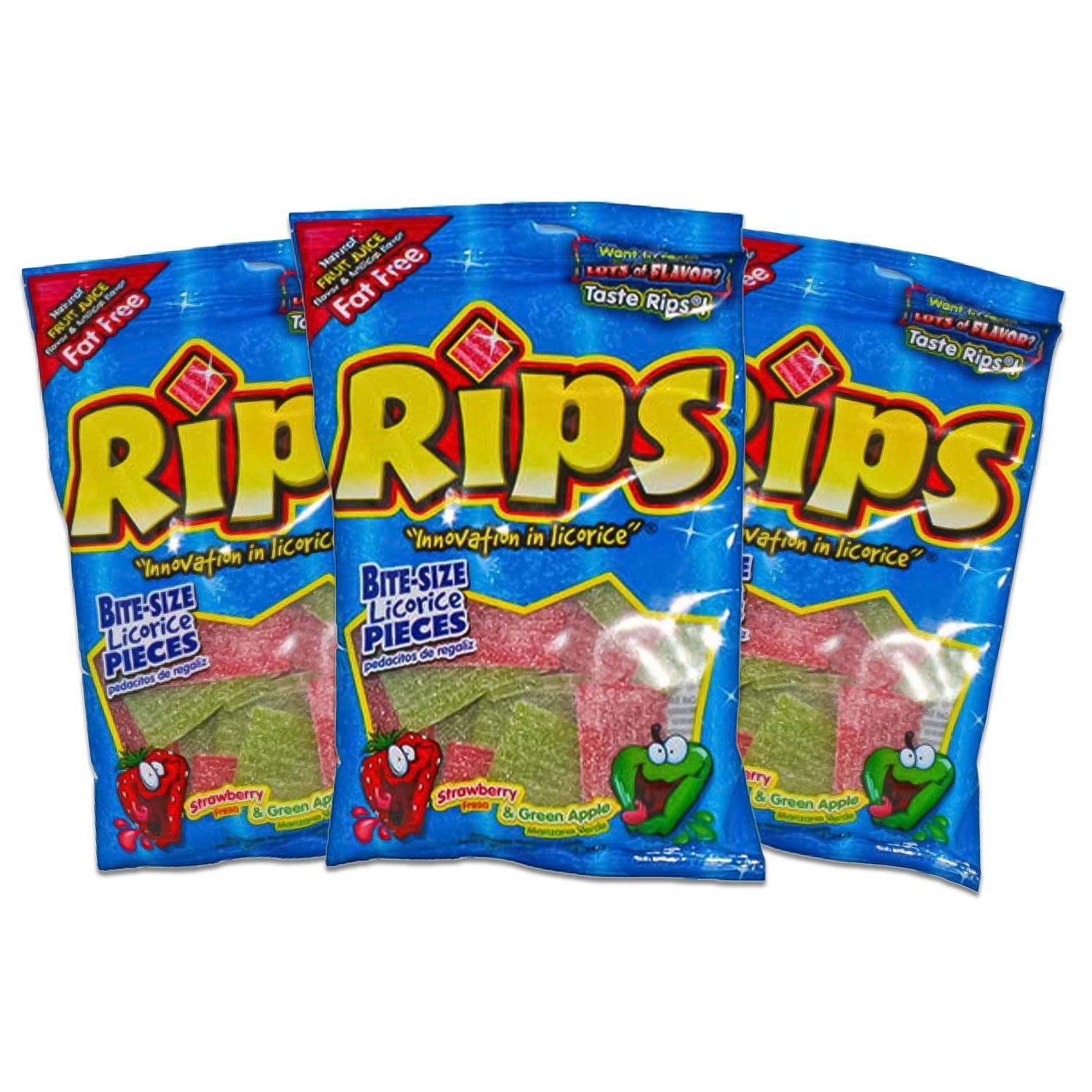 Rips Licorice Bite Size Candy - Strawberry &amp; Green Apple - Fruit Juice Flavored Fat Free 3.5 oz (3)