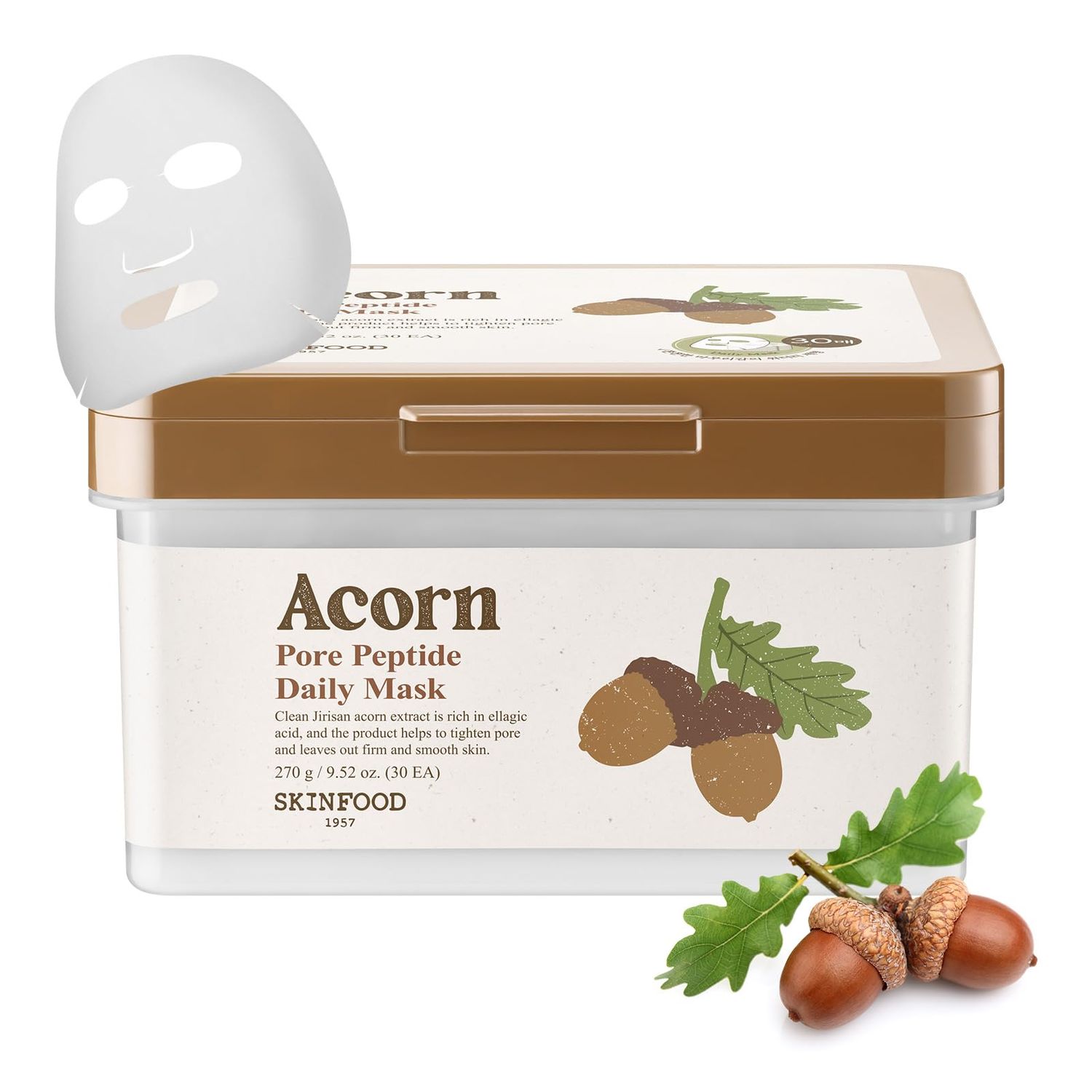 SKINFOOD Acorn Pore Peptide Daily Sheet Mask, Korean 5-Minute Quick Skincare Hack, Pore Tightening &amp; Elasticity, Skin Texture Improvement Face Mask for Sagging Skin Bulk Pack (30EA)