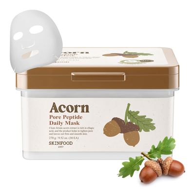 SKINFOOD Acorn Pore Peptide Daily Sheet Mask, Korean 5-Minute Quick Skincare Hack, Pore Tightening &amp; Elasticity, Skin Texture Improvement Face Mask for Sagging Skin Bulk Pack (30EA)