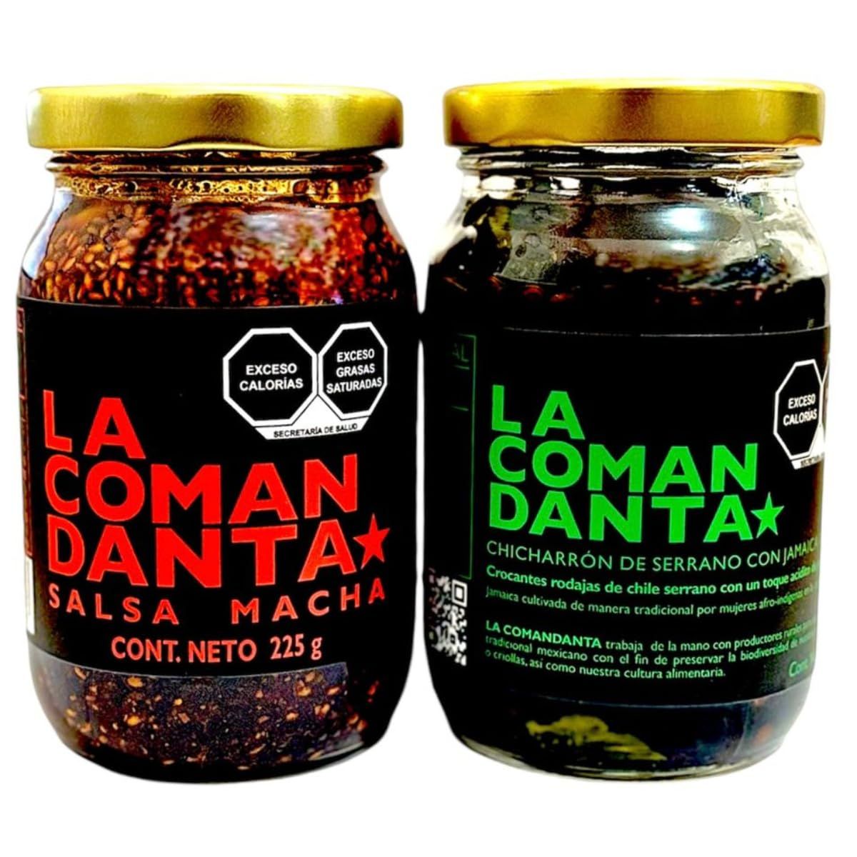 LA COMANDANTA Salsa Macha, and Chicharrn de Serrano Spiciness and acidity Combination Unique mix of 3 Mexican chilies Chili Duo Salsa Macha 225g and Chicharron de Serrano 190g