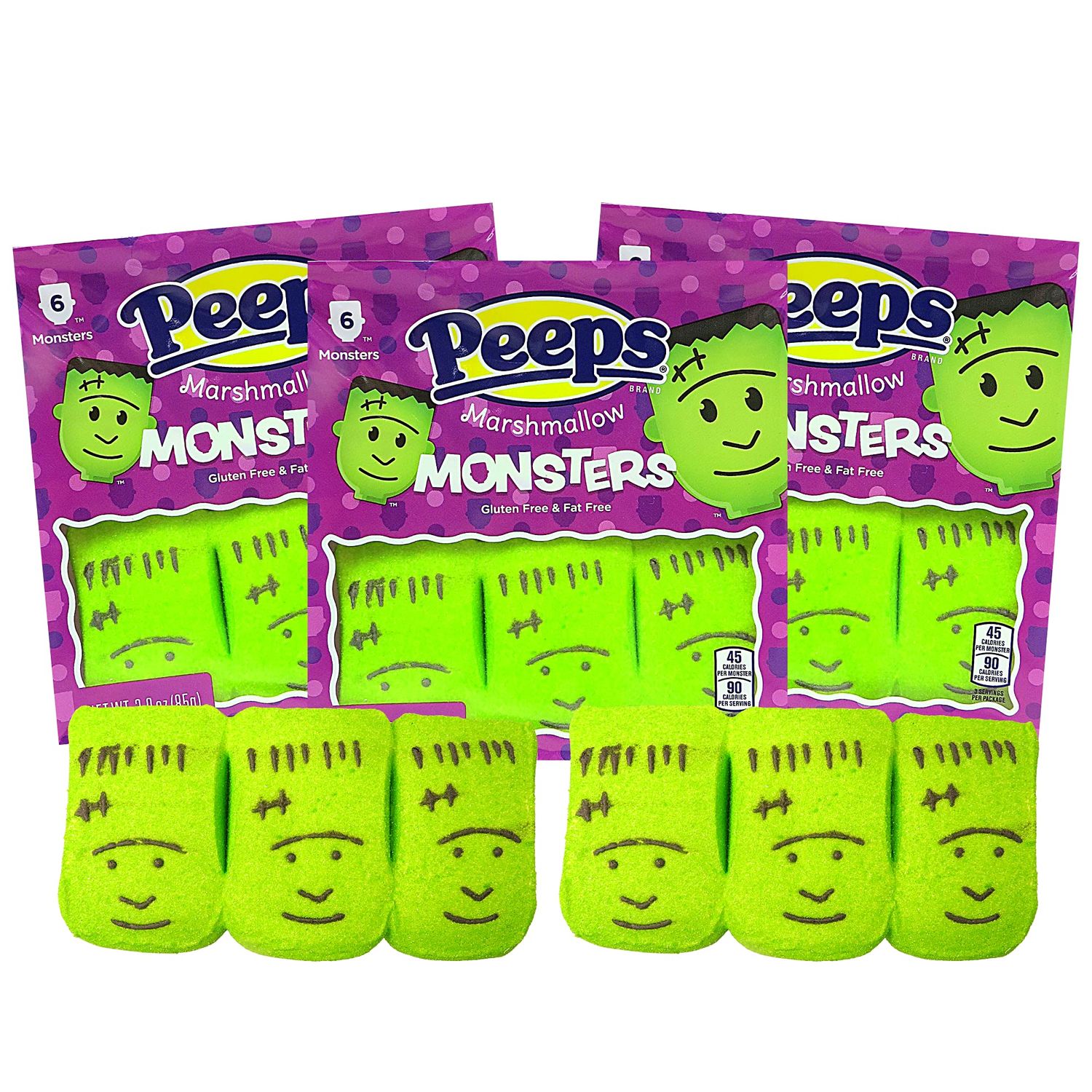 Needzo Peeps Marshmallow Candy Halloween Fun Shaped Peep Marshmallows, Green Frankenstein Monster Candies, 6 Count (Pack of 3)