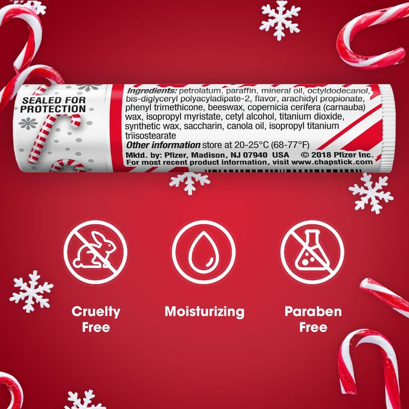 ChapStick Lip Balm, Candy Cane, 6-Count - Fresh &amp; Minty Lip Moisturizer, Stocking Stuffer, 0.15 Oz Ea